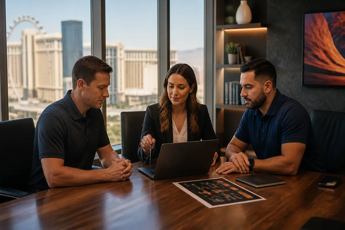 Two Inoconn consultants collaborating with a Las Vegas business owner around a wooden meeting table, reviewing a laptop and printed technology roadmap in a naturally lit office.