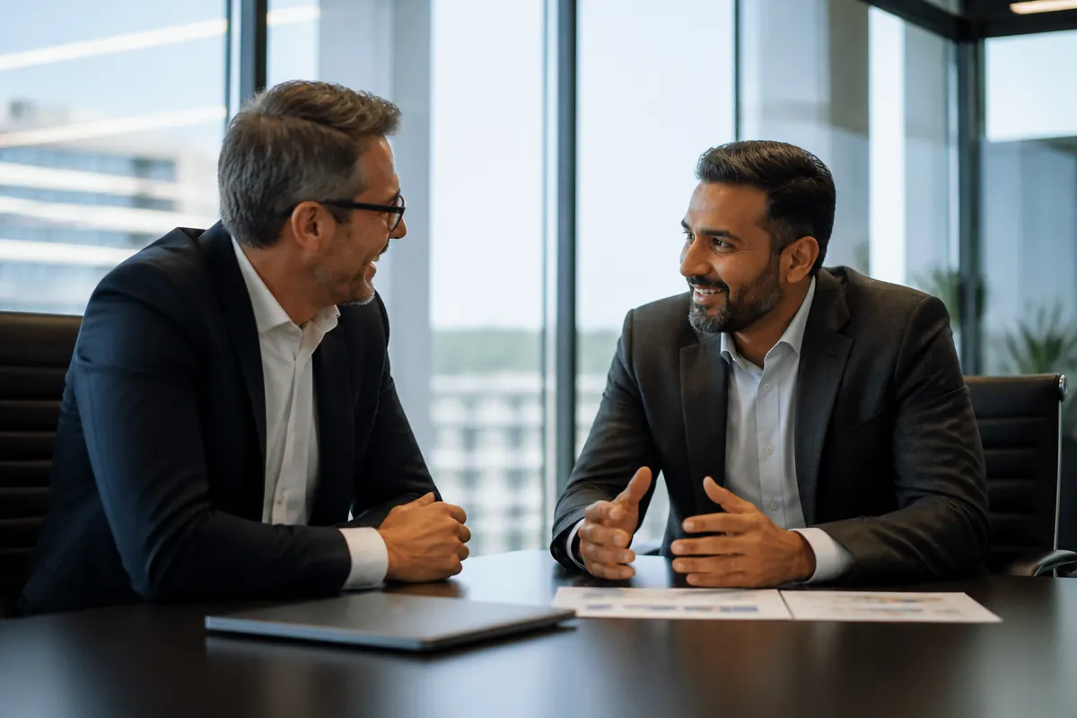 An Inoconn advisor in an engaged strategic conversation with a business executive in a bright modern conference room, printed strategy notes on the table.