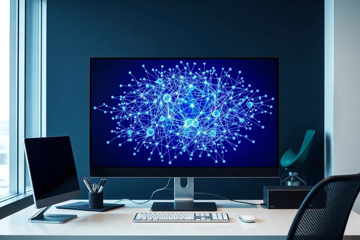 Modern workspace showing an abstract neural network visualization on a large display.