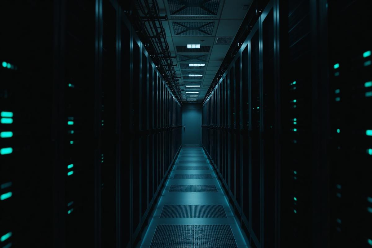 Rows of dark server racks in a modern data center with soft teal indicator lights.