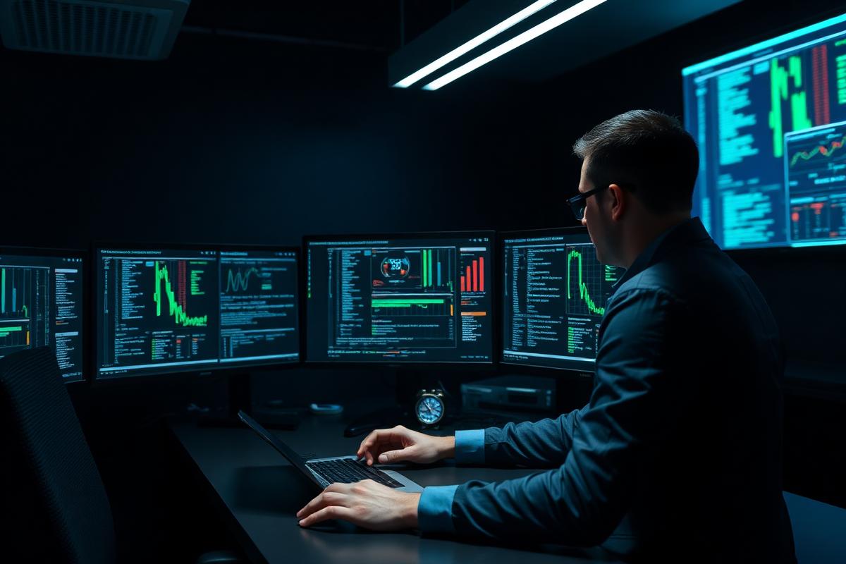 Security analyst reviewing cybersecurity operations in a modern SOC workspace.