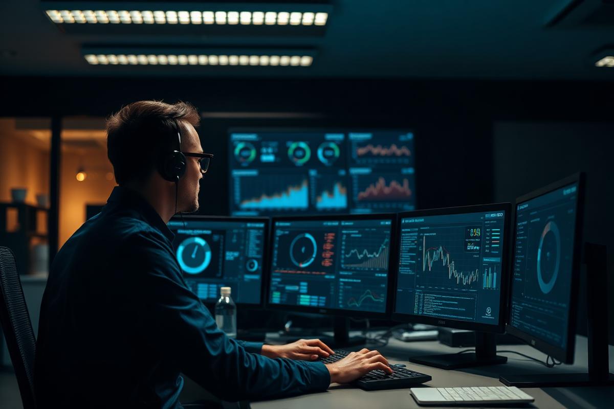IT professional monitoring managed IT service dashboards in a modern operations center.
