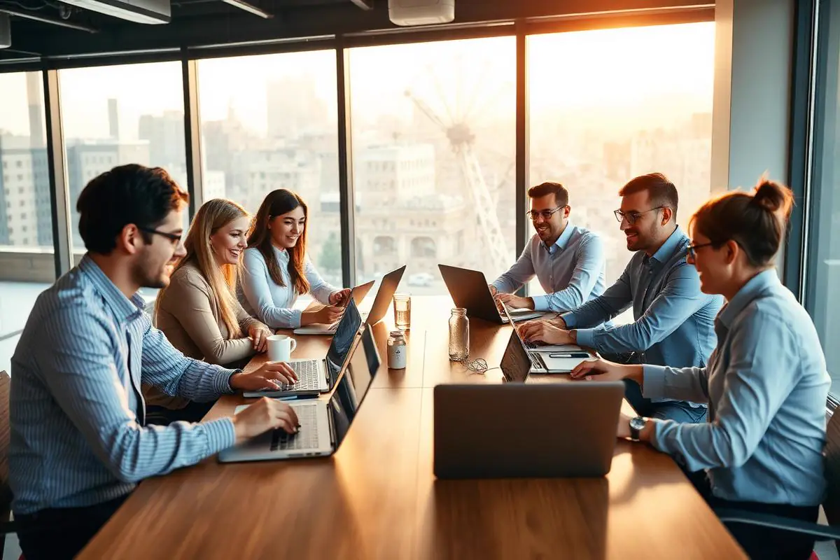 Business colleagues collaborating around laptops in a bright modern conference room.