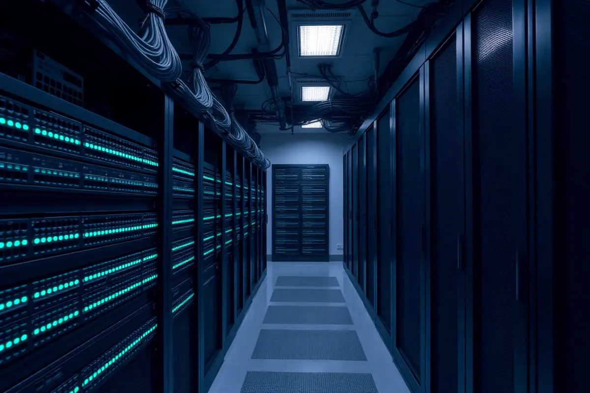 Enterprise network switches and cabling in a clean server room with subtle teal indicator lights.
