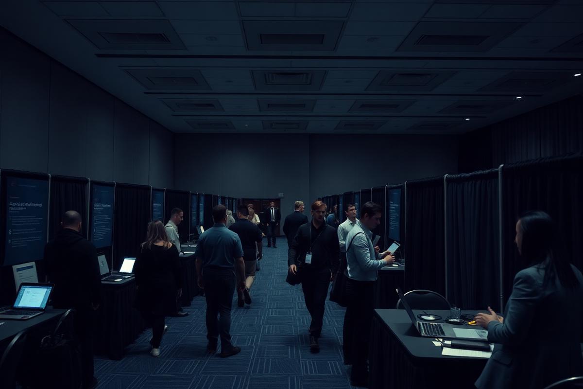 Sparsely attended career fair with mostly empty booths and few walk-through candidates in a dim conference room