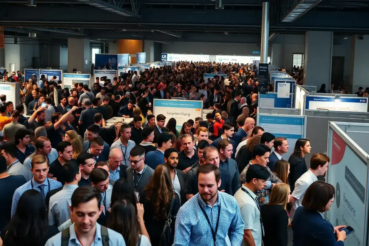 Packed career fair with dense crowds of attendees interacting with recruiters at professional booths