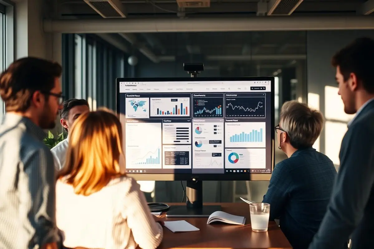 Small marketing and web team collaborating around a large monitor reviewing website designs and campaign analytics