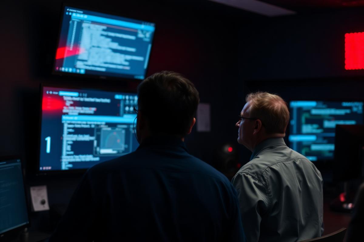 Two professionals reviewing a security incident on a wall-mounted monitor in a dim operations room lit by a red alert glow