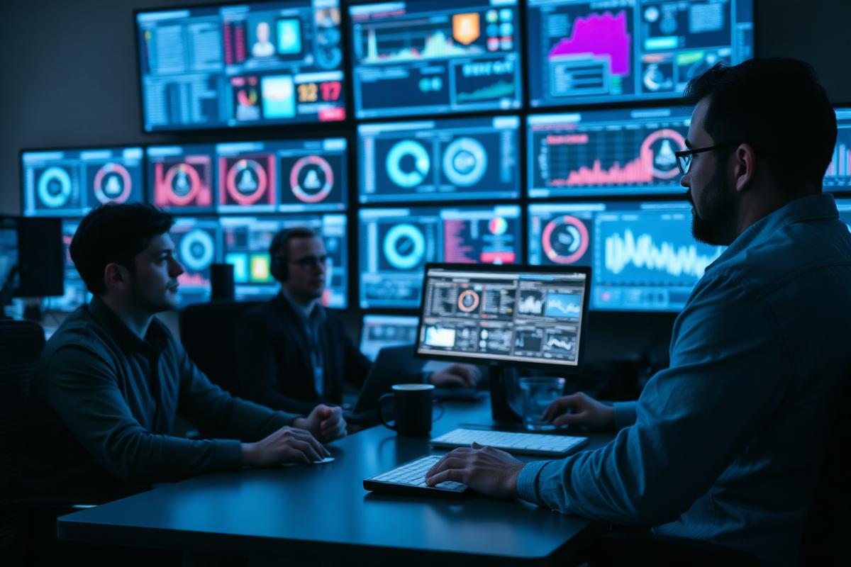 Confident overnight operations team working calmly at monitoring workstations in a modern operations center