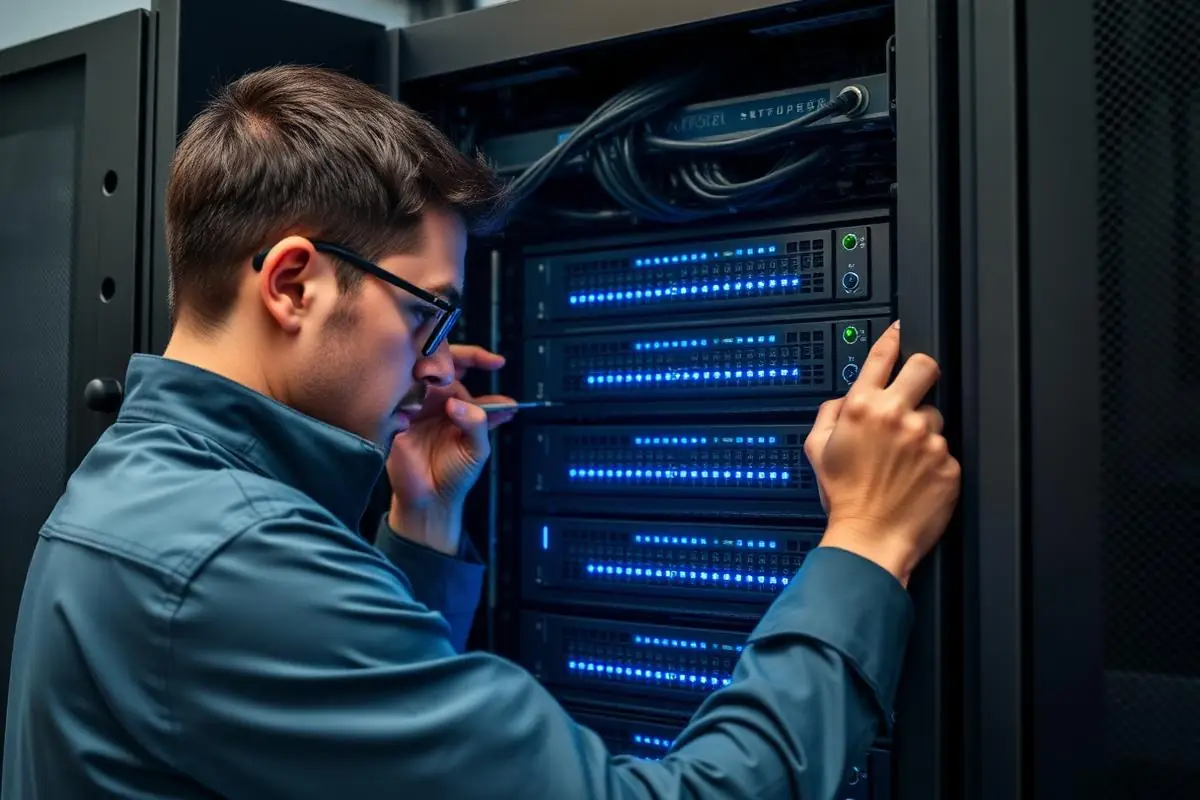 Cybersecurity engineer installing and configuring a rack-mounted enterprise firewall in a small network cabinet
