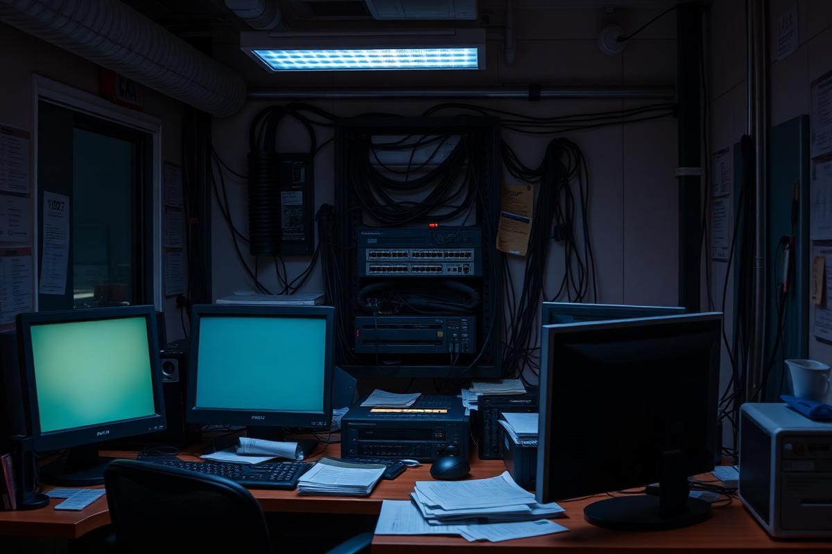 Dim small business back office with dated desktop computers and tangled cabling
