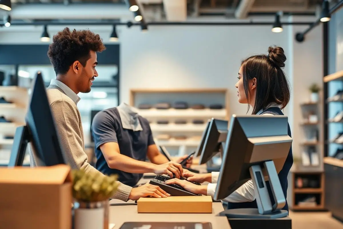 Showroom staff member assisting a customer at a modern point-of-sale workstation
