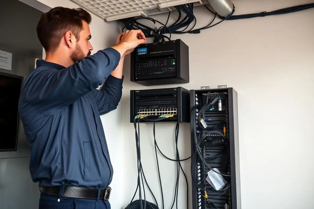 Technician installing new network equipment and organizing cabling in a small wall-mounted rack