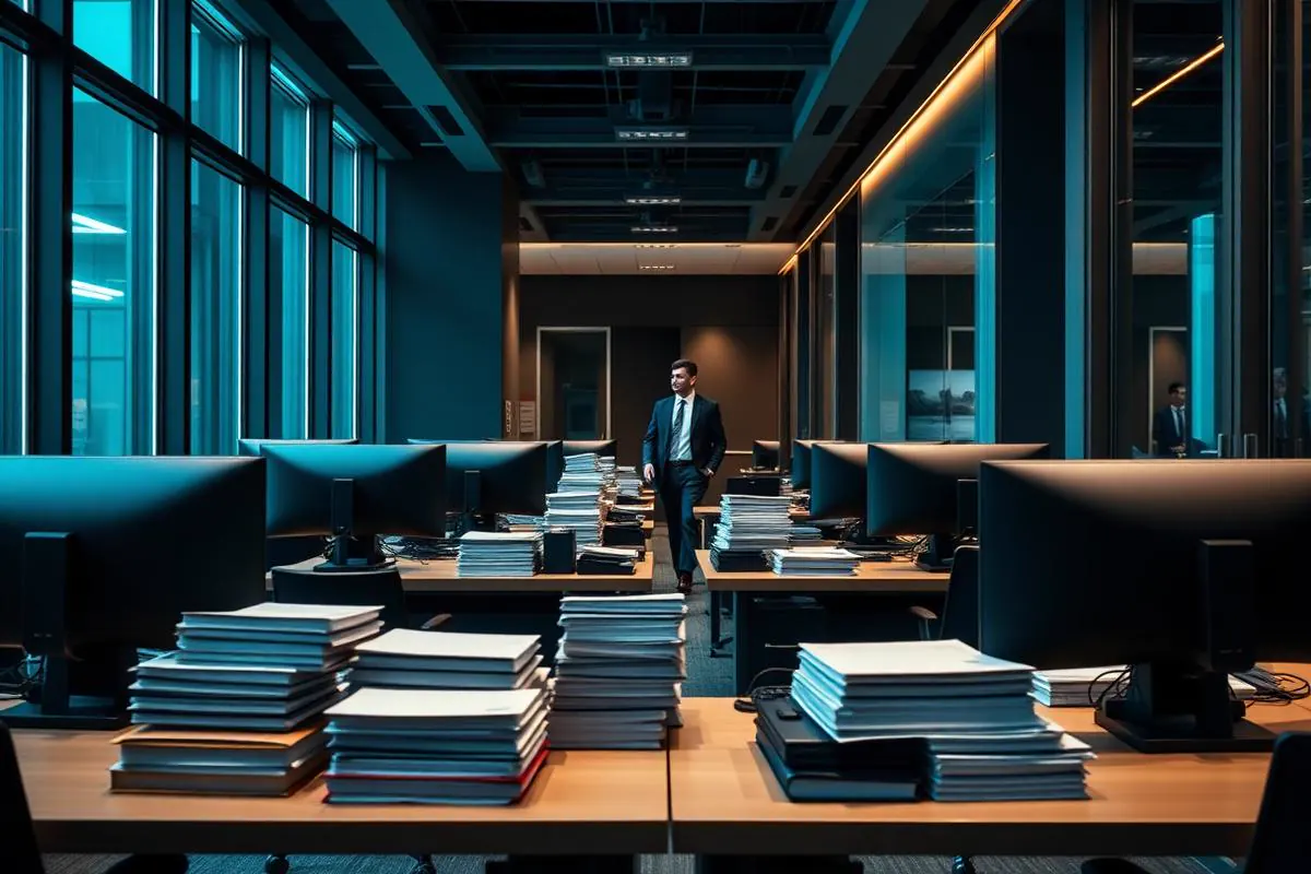 Legal firm office with paralegals at desks holding tidy stacks of files and unbranded dual monitors under cool ambient light