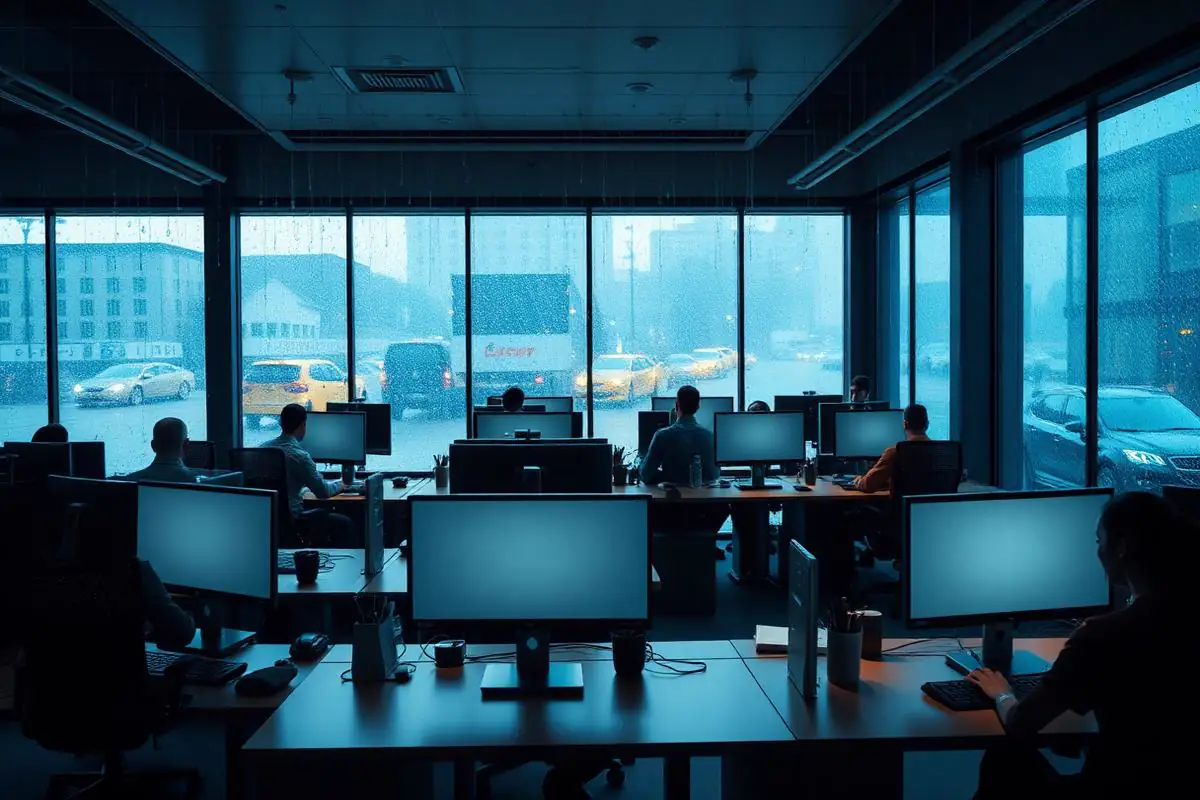 Resilient business operating during heavy rain with employees continuing focused work at their desks beside large rain-streaked windows