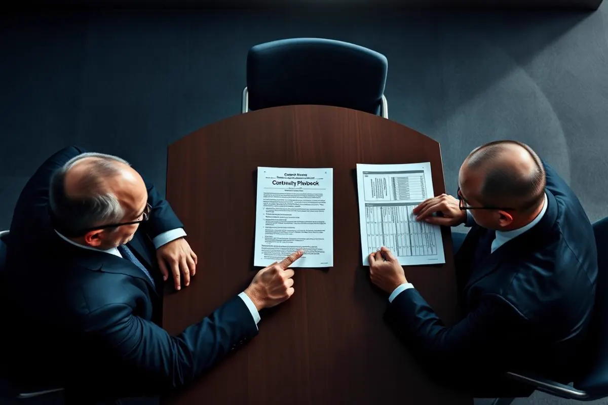 Top-down view of executives at a boardroom table reviewing a printed continuity playbook and risk matrix pages