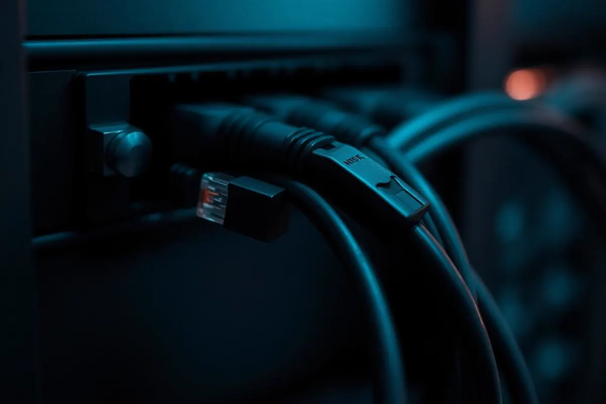 Macro close-up of a bundle of dark ethernet cables neatly routed through a cable management arm on a dark server rack
