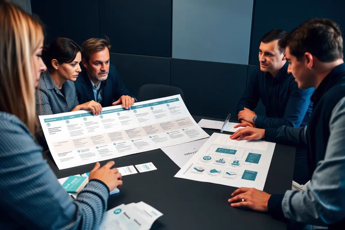 Business continuity coordinator running a tabletop exercise with colleagues around a table reviewing printed scenario cards and a large process flow diagram