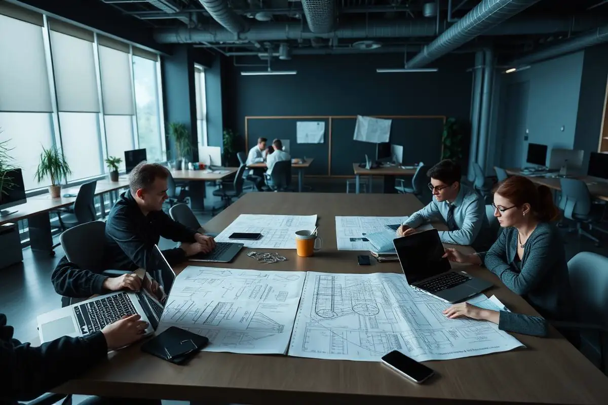 Engineering firm collaborative workspace with printed blueprints spread on a work table, laptops open, and staff at nearby desks