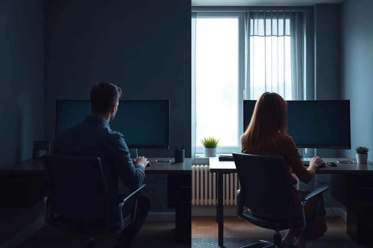 Two remote colleagues shown in a split-frame composition working from separate home offices at their own desks