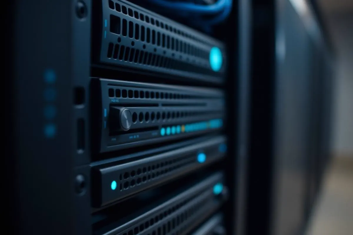 Close-up of dark server rack chassis with cyan indicator lights and neatly bundled dark cabling in a small equipment room