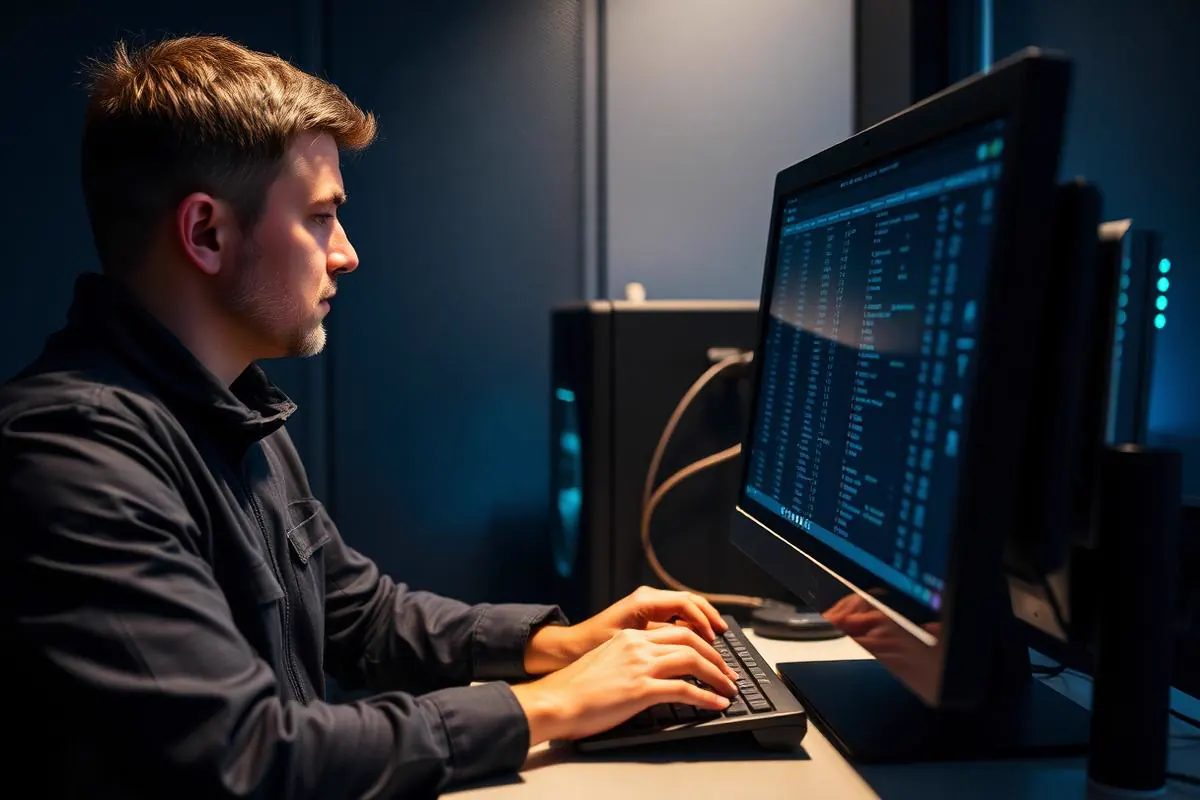 Engineer at a workstation performing a data migration with a small server rack and network cabling visible in the background
