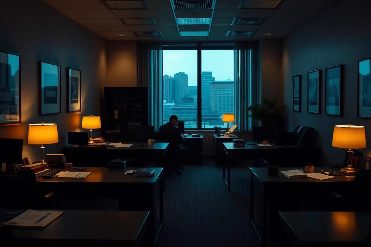 Law firm office interior at dusk with tidy workstations and dual monitors illuminated by warm desk lamps