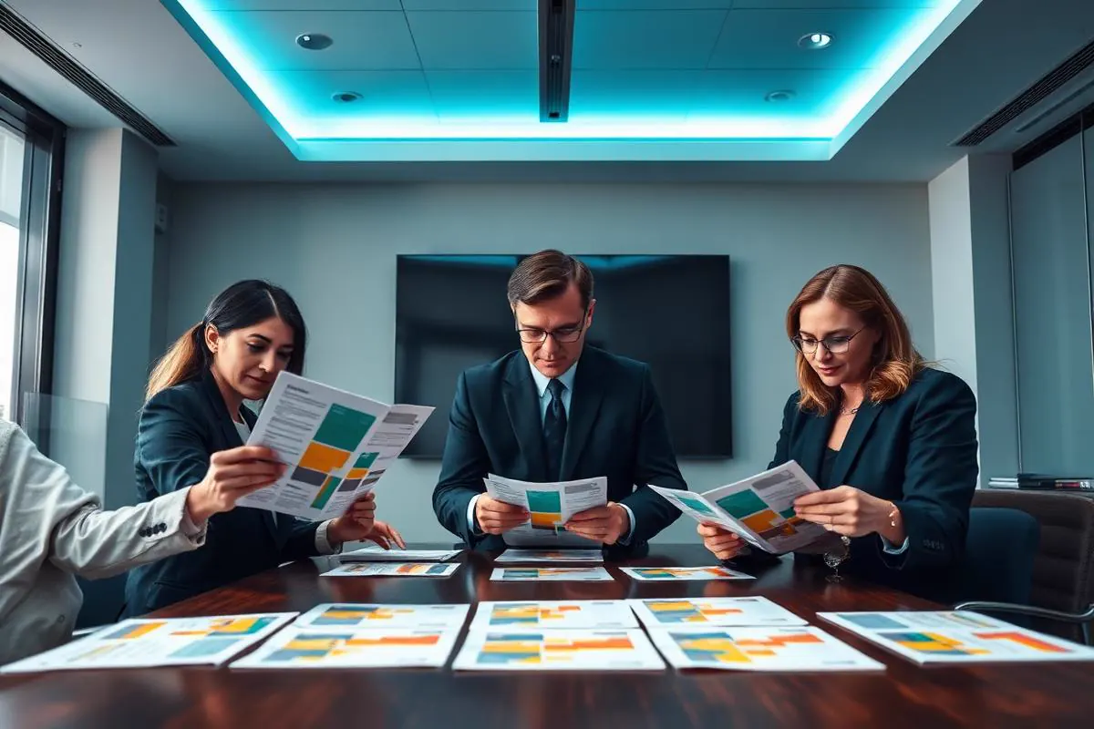 Executives around a boardroom table reviewing printed risk assessment pages with abstract colored risk heatmap segments