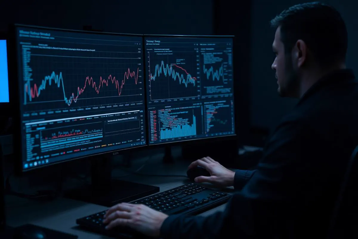 Security analyst reviewing network traffic and access anomaly graphs on multiple large workstation monitors