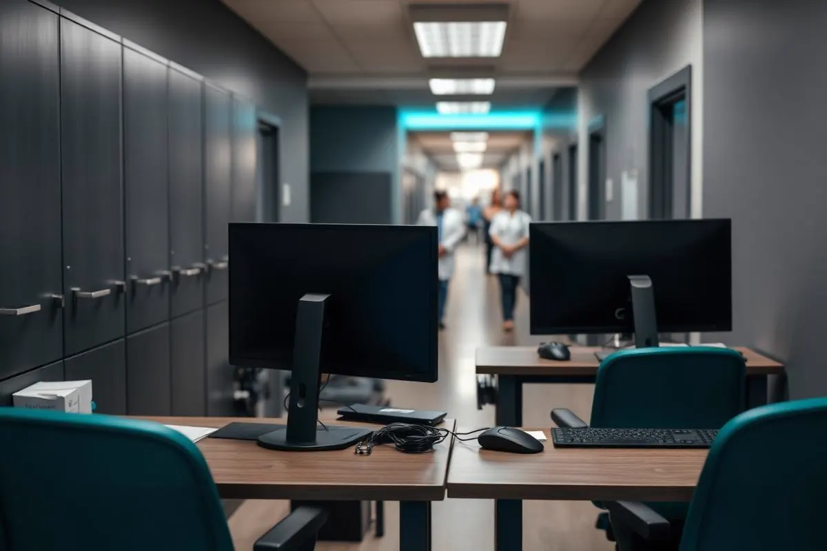 Medical practice back office with administrators at workstations and a hallway of medical staff in soft focus behind them