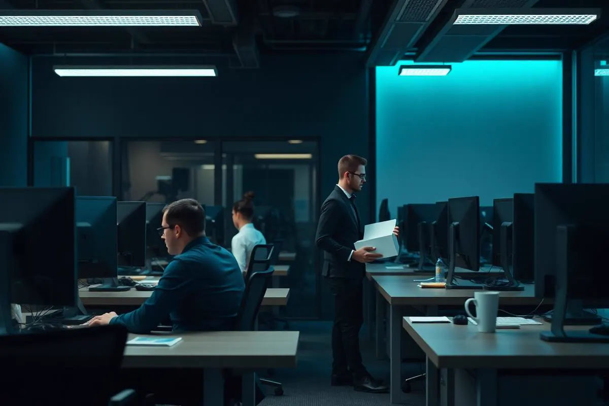 Modern office continuing normal operations with employees at their desks and a colleague delivering a folder between workstations