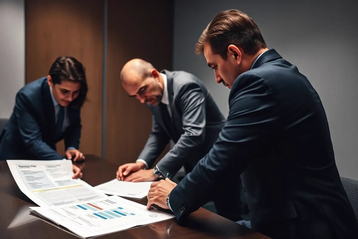 Business leaders bent forward at a conference table reviewing printed recovery plan and impact chart documents