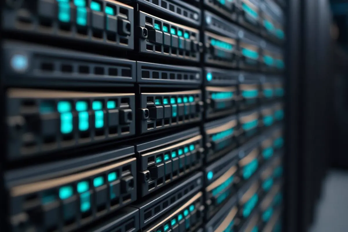 Close-up wall of enterprise storage array drive bays with glowing teal activity indicator lights