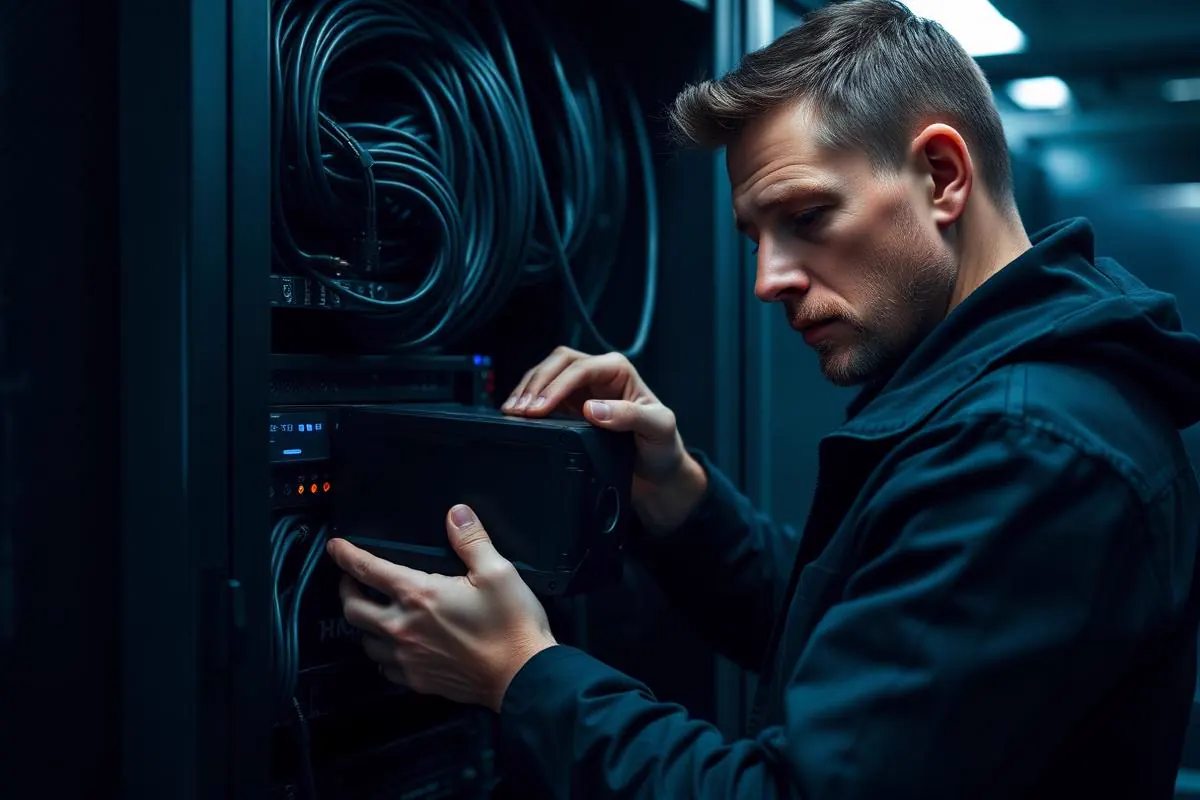 Backup engineer swapping a portable storage drive at a small equipment rack in a dim server room