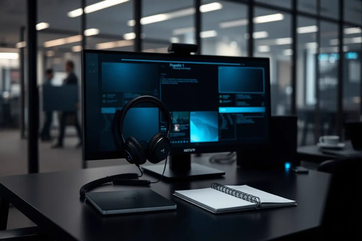 Support specialist wearing a headset guiding a business user through an issue at their workstation