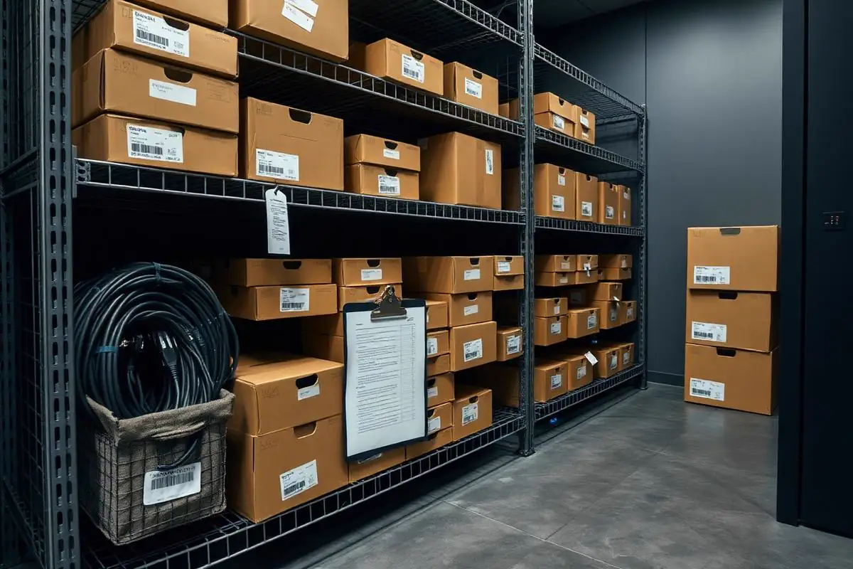 Organized IT storeroom shelves holding tagged inventory boxes and coiled cables staged for asset tracking and lifecycle documentation