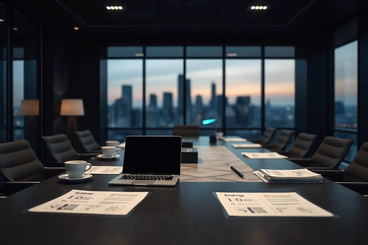 Business executive and technical advisor reviewing an infrastructure and roadmap plan at a conference table
