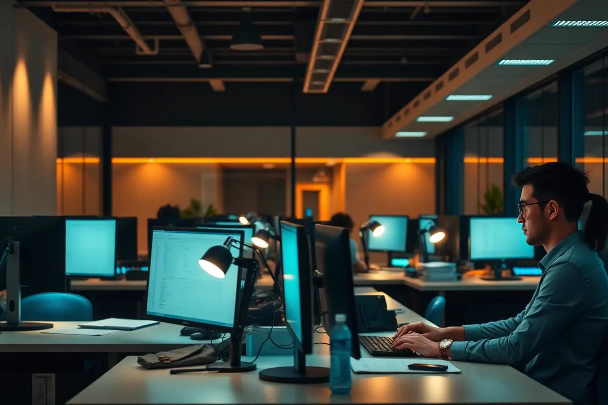 Modern corporate office floor with employees working at desks and collaborating between workstations under warm and cool overhead lighting