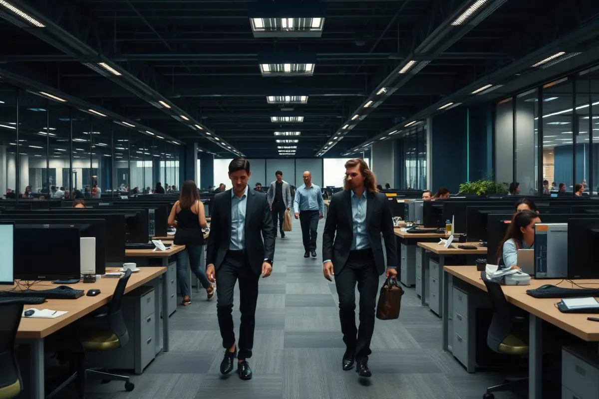 Busy corporate office floor with employees moving between desks and collaboration areas during a normal working day