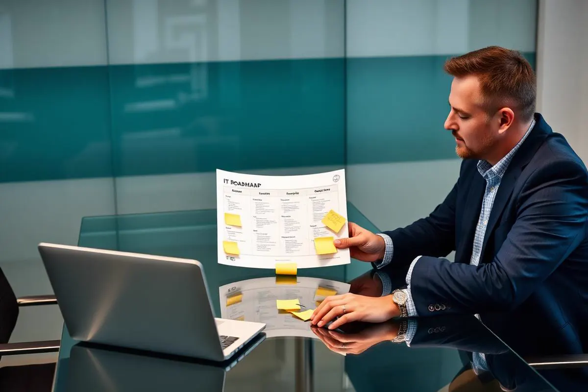 Business leaders reviewing a printed IT roadmap document at a modern conference table