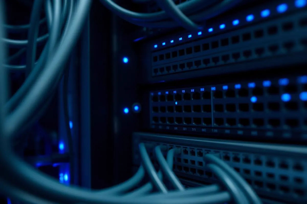 Close-up of business server rack equipment with cyan status indicator lights and neatly bundled dark cabling