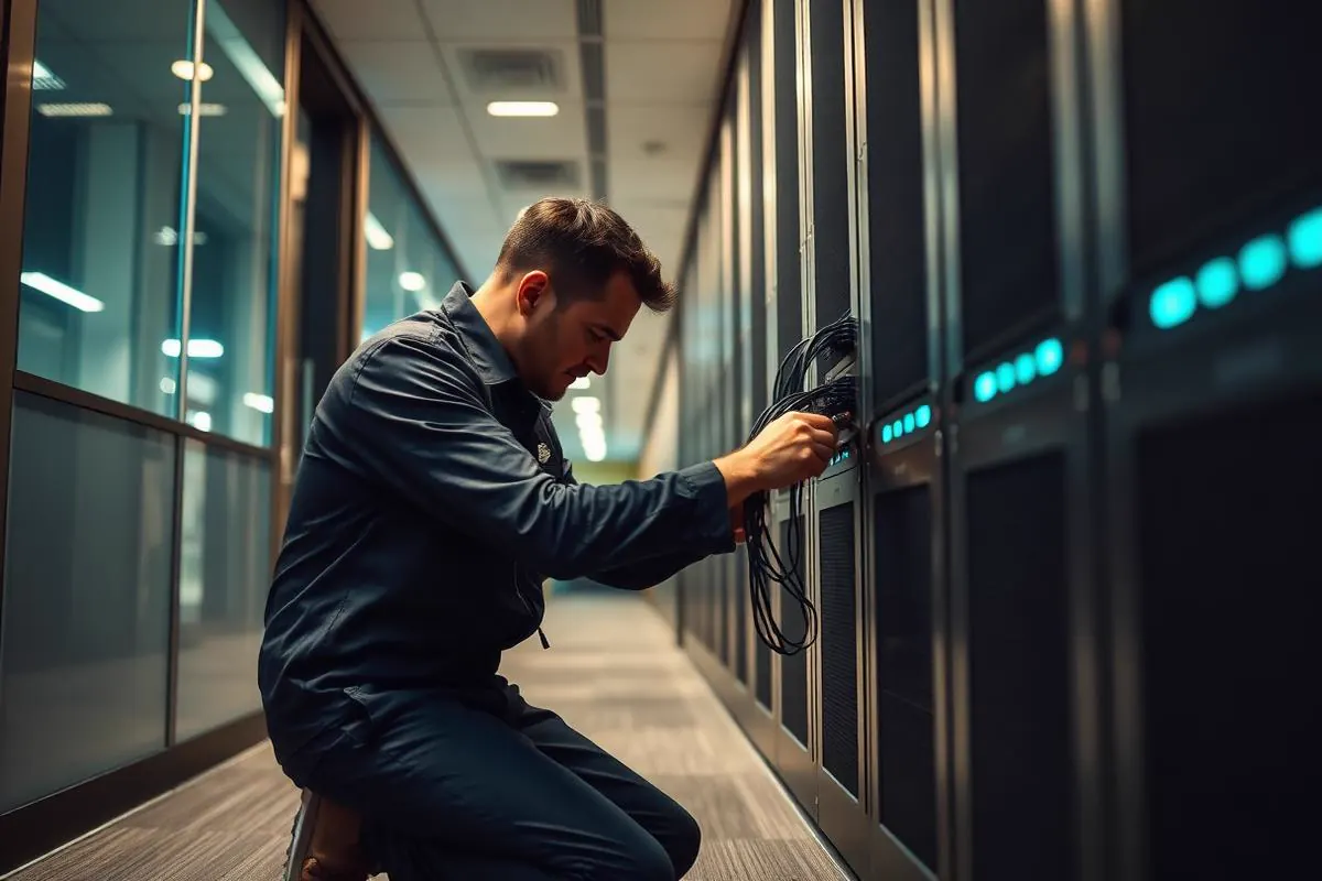 Technician performing hands-on cable and equipment work at a business server rack with neatly routed patch cables