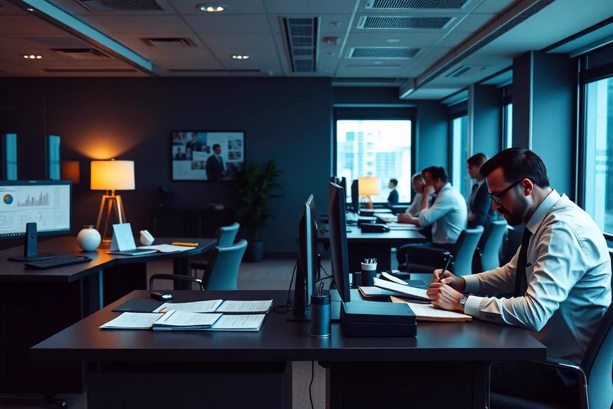 Accounting firm office with staff working at tidy dual-monitor desks and printed spreadsheets under warm desk lighting