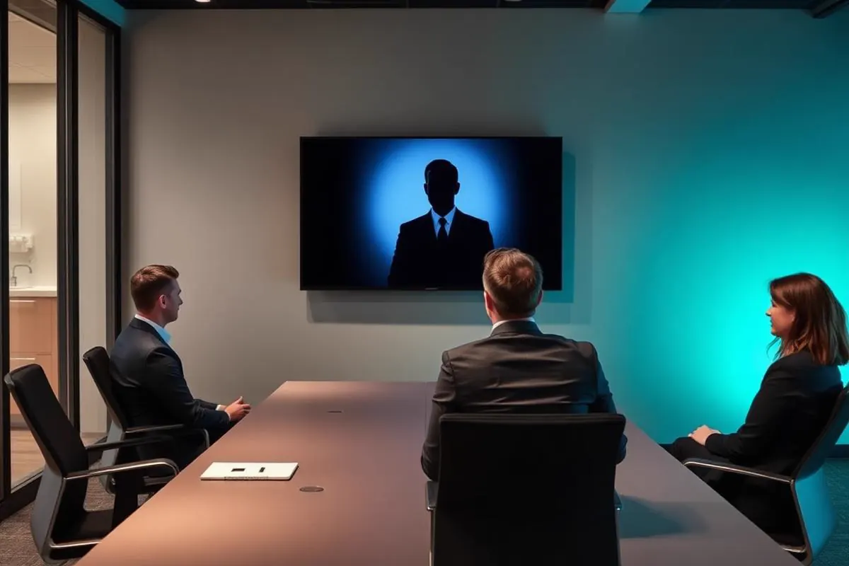 Hybrid business meeting with in-office attendees at a conference table and a remote colleague appearing as a silhouette on a large wall display
