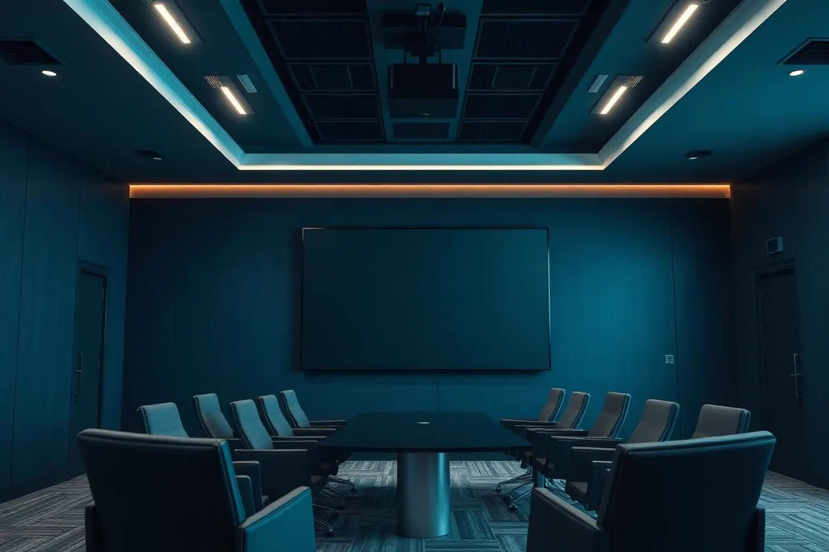 Modern business conference room with a large wall display, ceiling microphones, and comfortable chairs around a long table