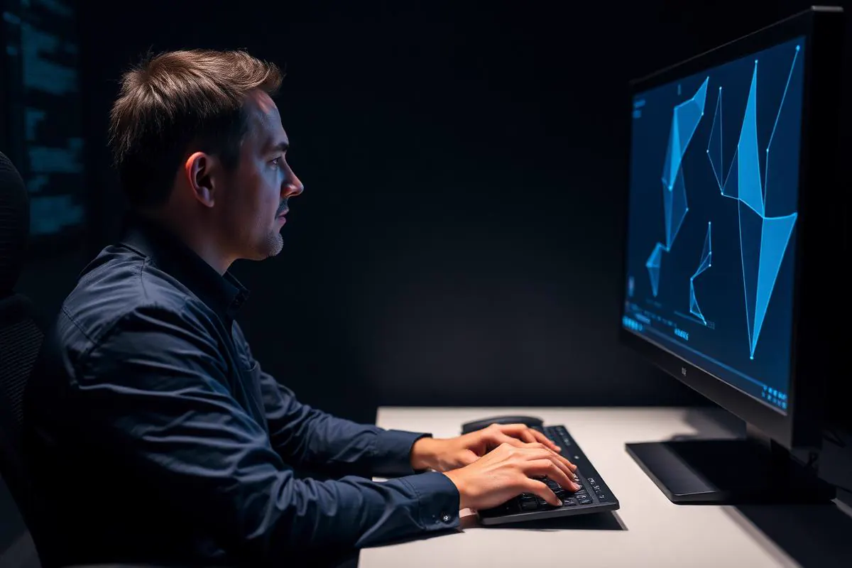 IT administrator seated at a workstation configuring an identity and access policy screen with abstract geometric visualization