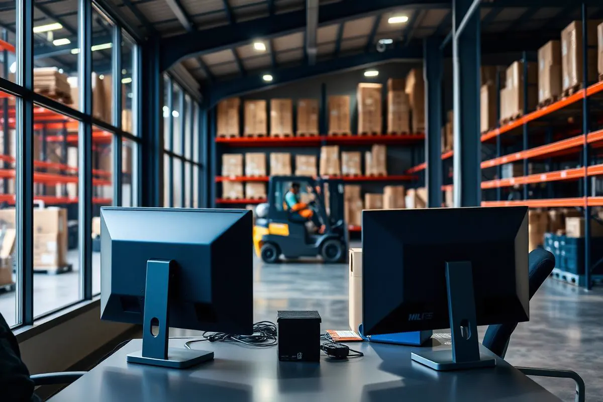 Warehouse operations office with a supervisor at a desk overlooking racking, a forklift, and packaged inventory in soft focus