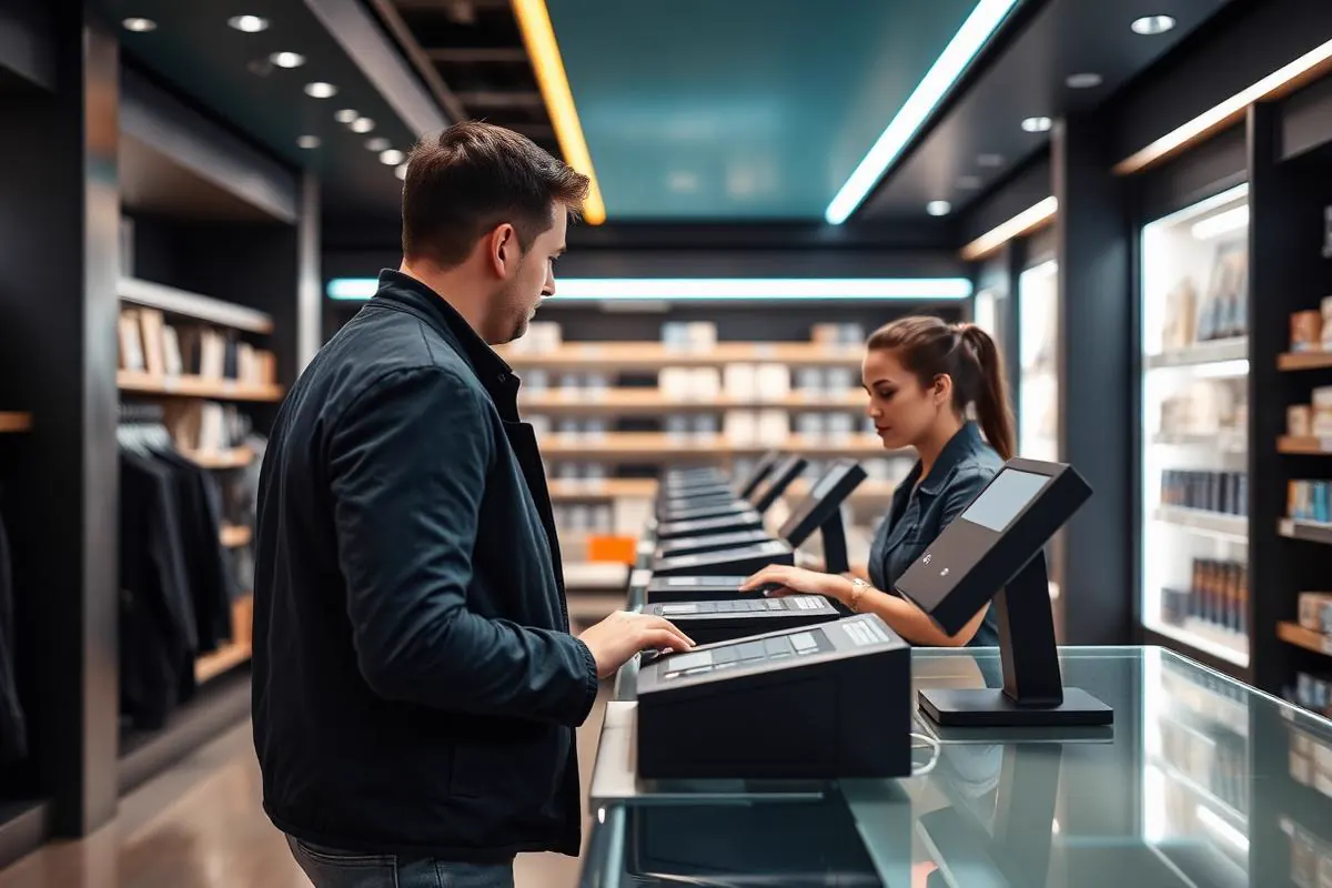 Modern retail storefront interior with a customer at a counter using a point-of-sale terminal, side angle view