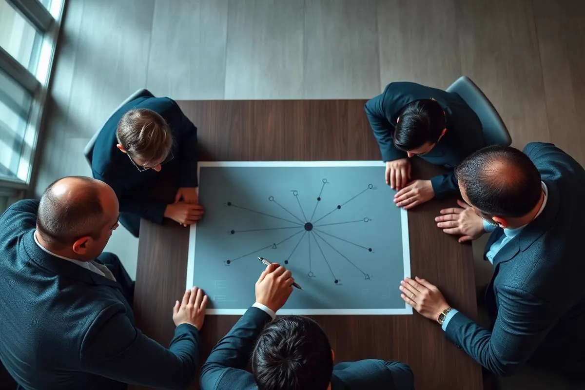 Top-down view of business leaders around a table studying a printed network topology diagram with node markers