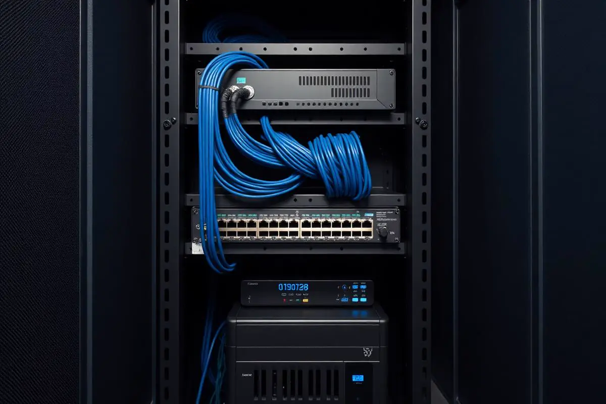 Business network rack with firewall, switches, patch panel, and organized cable management